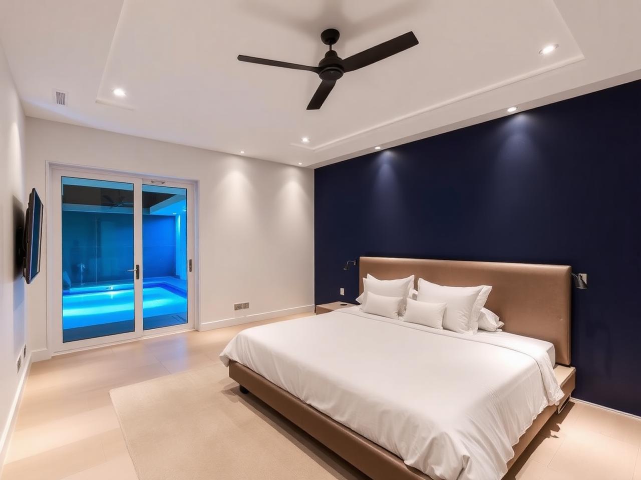 Bedroom with king bed facing the pool