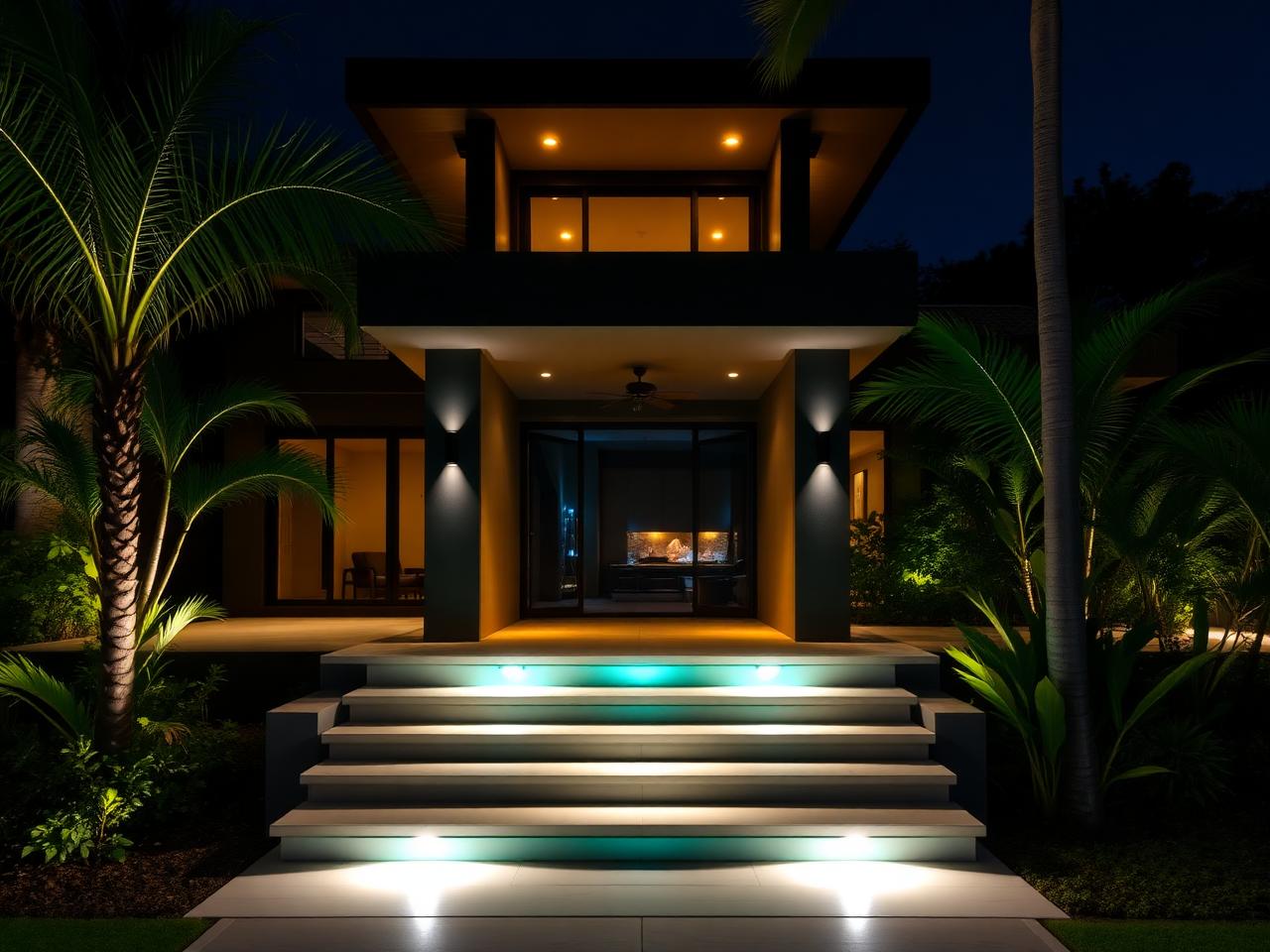 Villa entrance illuminated at night
