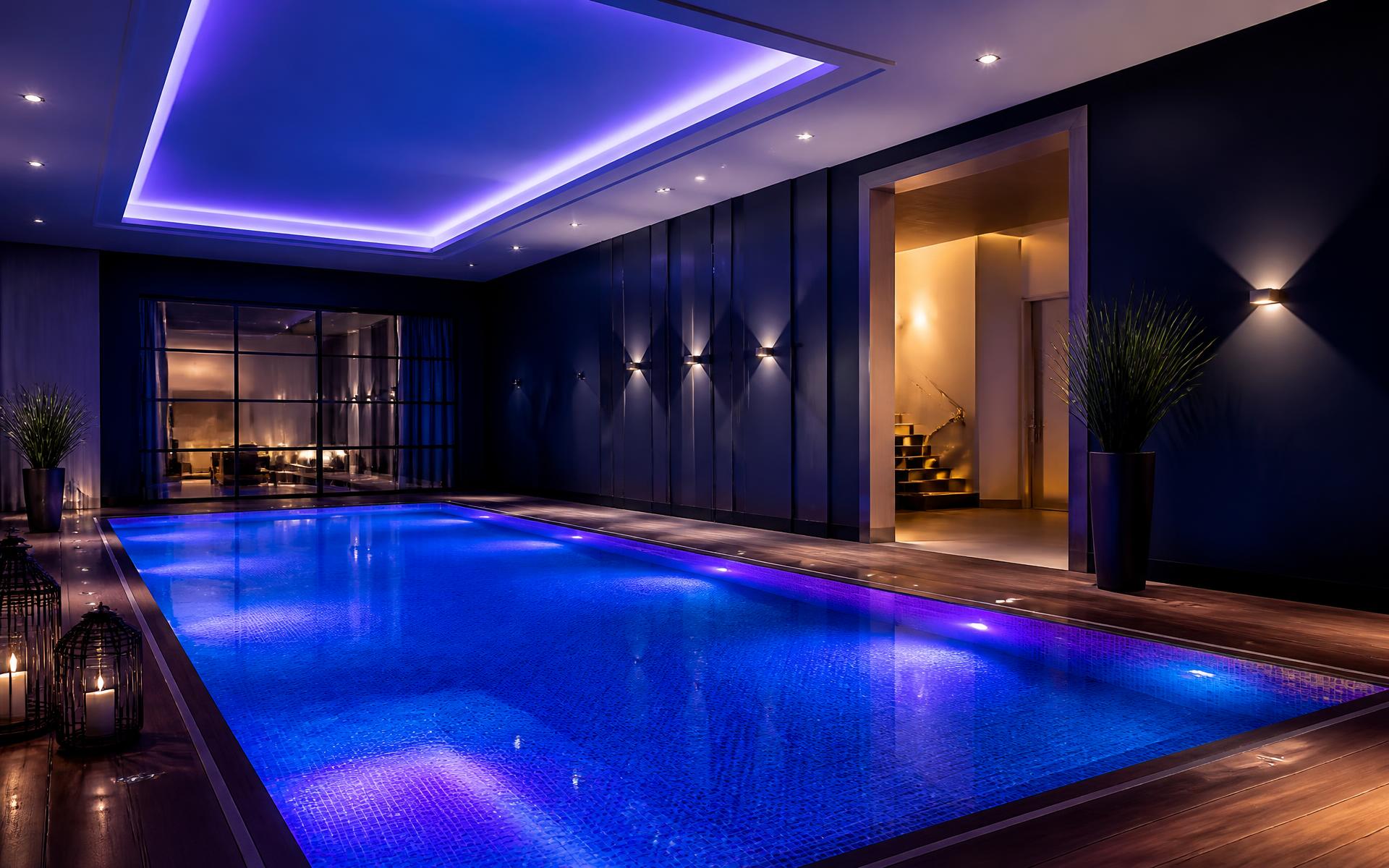 Private indoor pool lit with blue and violet LEDs